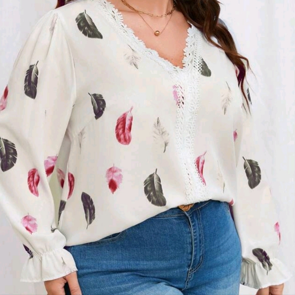 Lace Trim Feather Print V-Neck Blouse - Cream/Pink/Gray